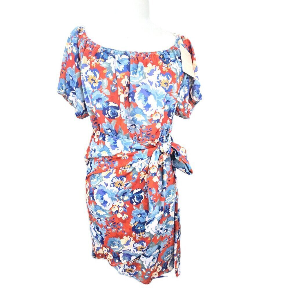 NWT Kittenish Orange Blue Off Shoulder Knot Puff Sleeve Dress
